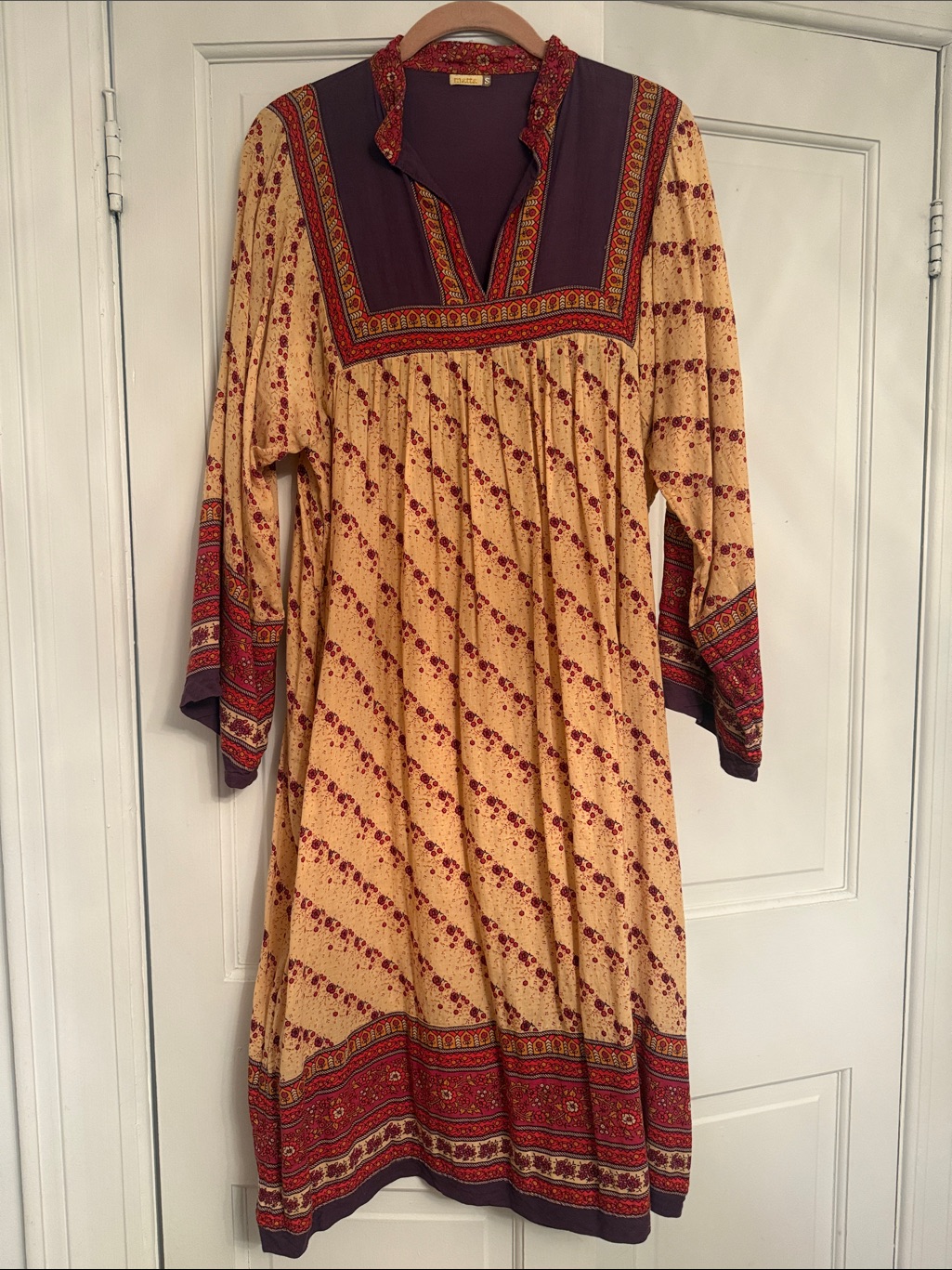 Matta Ny Tan/Purple Long Sleeve Boho Dress With Burgundy & Purple Yoke